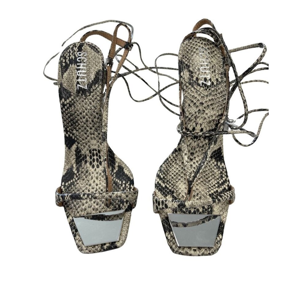 SCHUTZ Snakeskin Print Lace-Up Heeled Sandals in Neutral Tones
